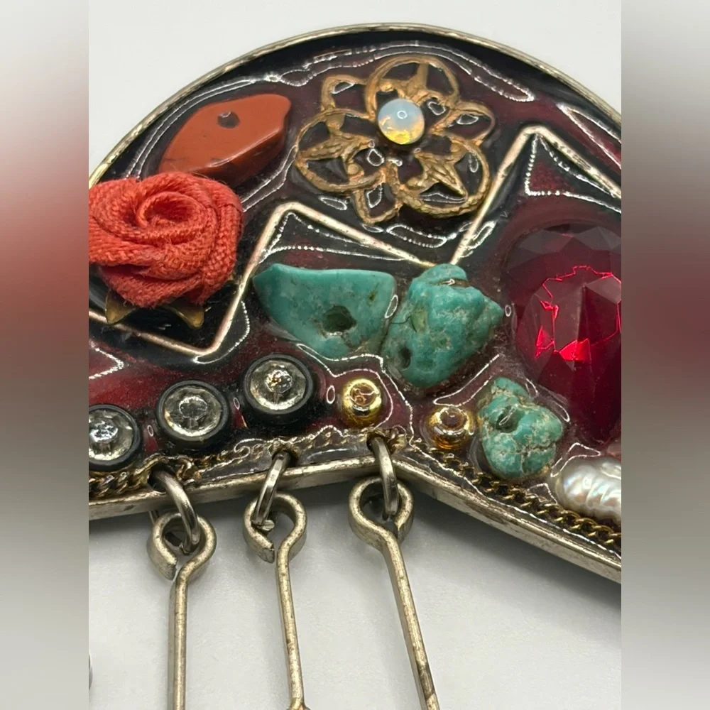 Vintage Artist Signed Handmade Mixed Media Boho Artsy Dangle Brooch Pin